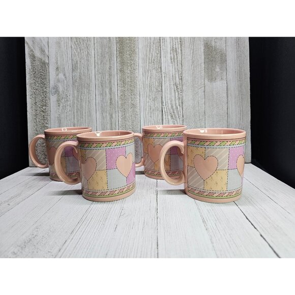 Vintage Russ Berrie Heart Patchwork Coffee Tea Mug Cup Pink 4'' Tall - Set Of 4 - Picture 1 of 5